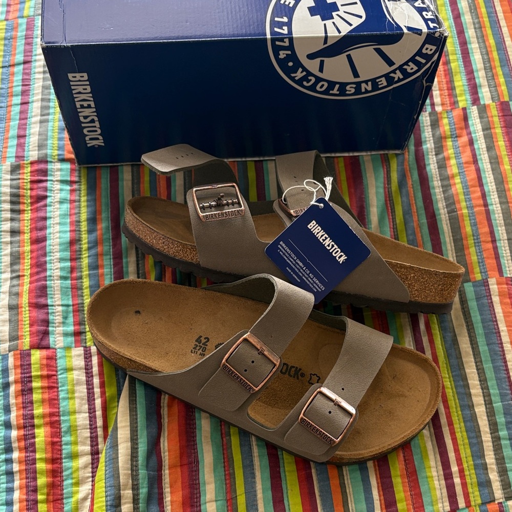 Birkenstock Arizona Two-Strap Sandals in Stone Copper Buckles size 42 NWT